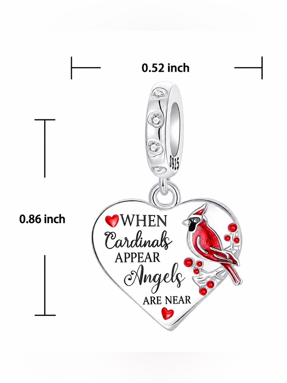 ❤️ 925 Sterling Silver Cardinal Angels Are Near Heart Dangle Charm - Picture 4 of 4
